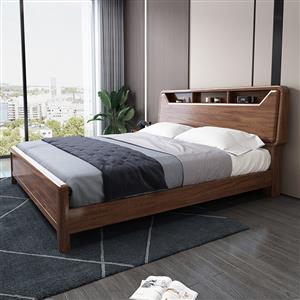 Walnut solid wood bed master bedroom single double bed modern simple small apartment high box storage wedding bed